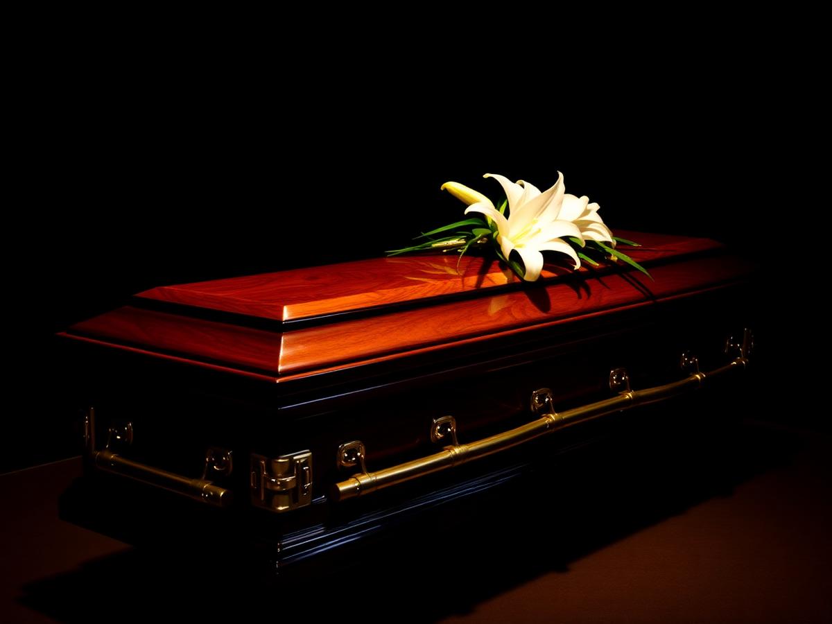 Casket dressed with a white lily spray