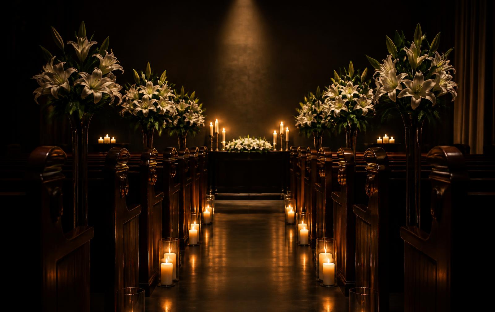 Candlelit funeral chapel with white lilies